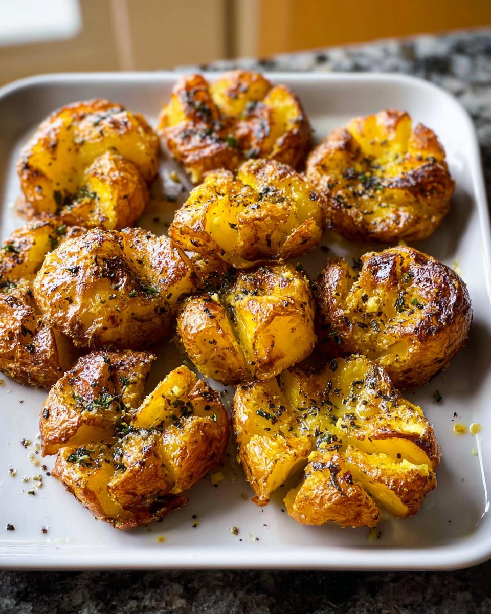 A plate of golden brown, crispy smashed potatoes topped with herbed butter and seasonings.