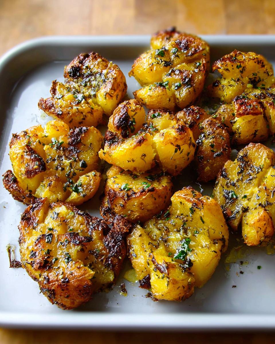 A close-up of golden, crispy smashed potatoes coated in herbed butter on a white serving dish.