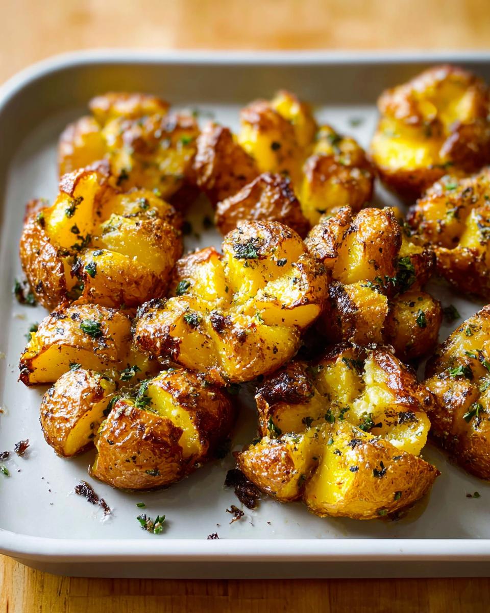 Close-up of golden brown Crispy Smashed Potatoes with Herbed Butter, glistening on a white serving dish.