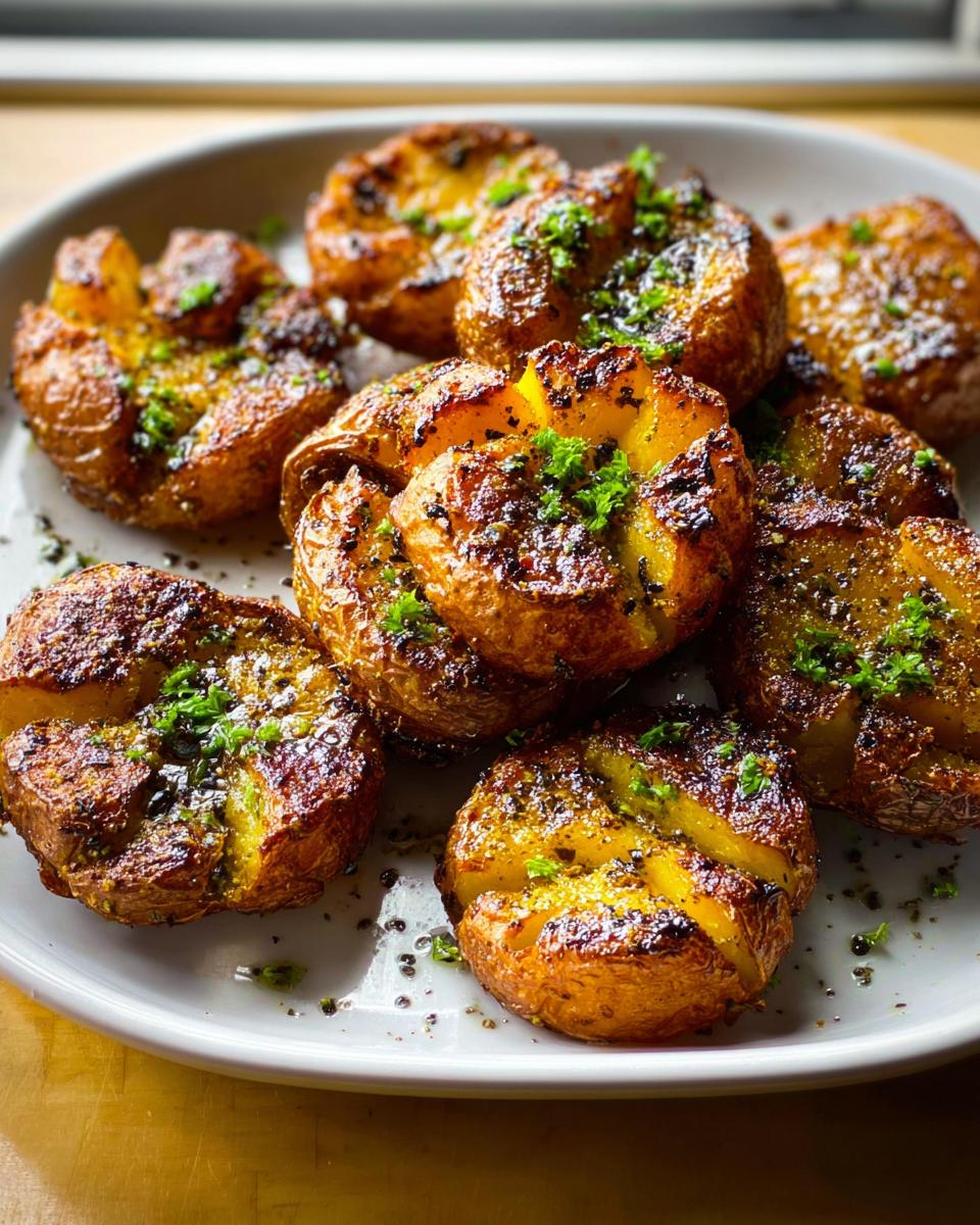A plate of golden brown, crispy smashed potatoes topped with melted herbed butter and fresh parsley.