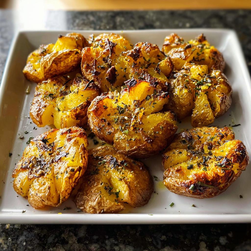 A white platter filled with golden brown, crispy smashed potatoes seasoned with herbs.
