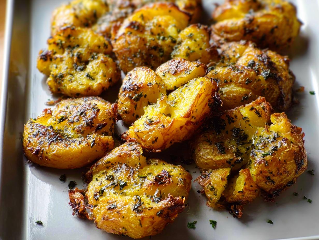 Close-up of golden, crispy smashed potatoes coated in herbed butter, ready to serve.