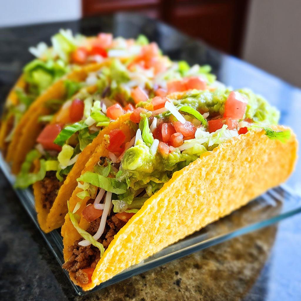 A row of four fully loaded, crispy shell tacos topped with ground meat, lettuce, tomatoes, and guacamole.