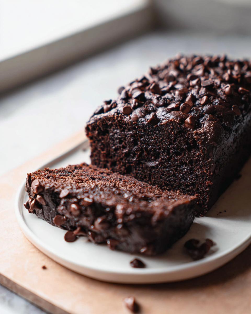 A rich, dark loaf of Double Chocolate Banana Bread, partially sliced, topped with melted chocolate chips.