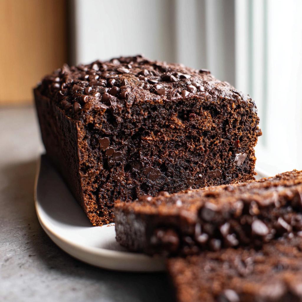 A dark, moist loaf of Double Chocolate Banana Bread topped with chocolate chips, with one slice cut.