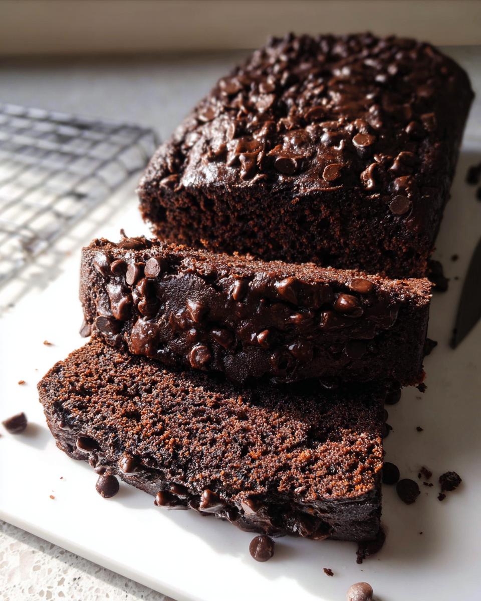 A loaf of rich, dark Double Chocolate Banana Bread, sliced to show the moist interior and chocolate chips on top.
