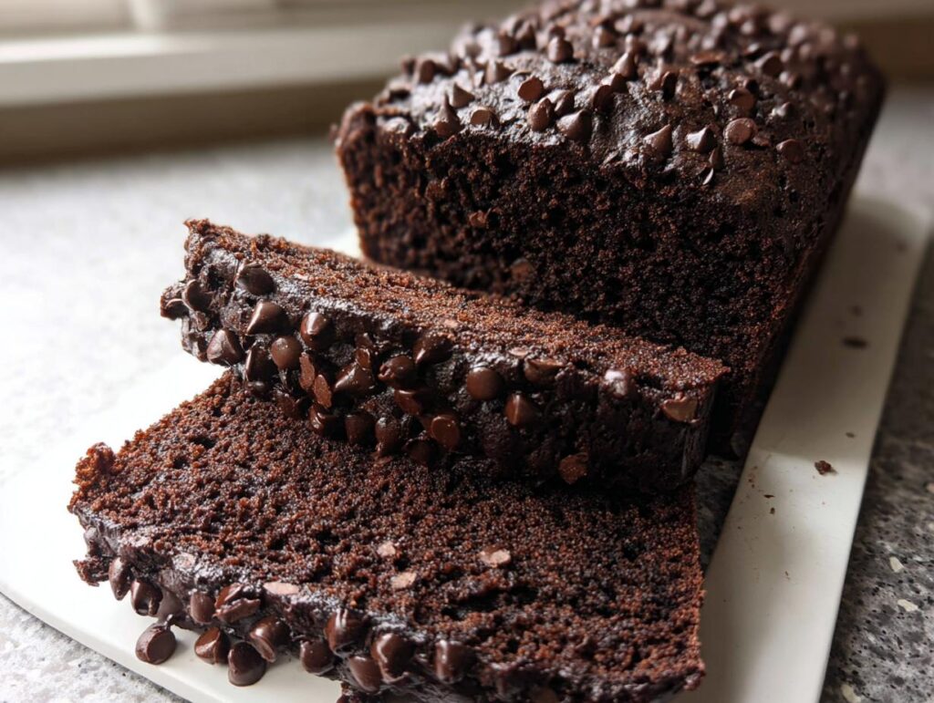 Close-up of rich, dark Double Chocolate Banana Bread, sliced to show moist texture and chocolate chips.