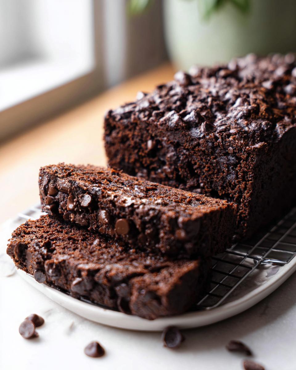 Close-up of rich, dark Double Chocolate Banana Bread loaf with two slices cut, topped with chocolate chips.