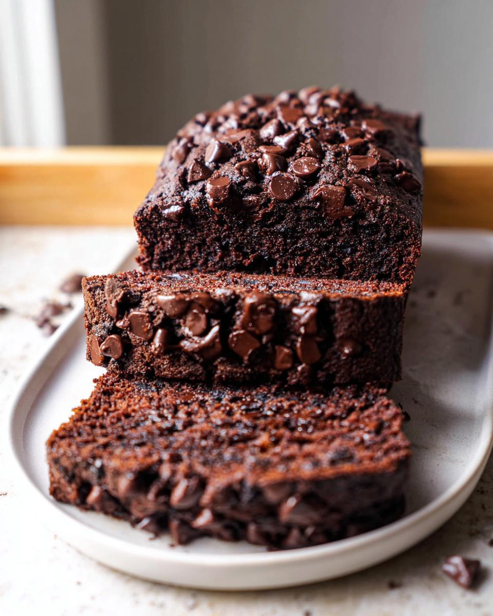 Close-up of a rich, dark Double Chocolate Banana Bread loaf, sliced to show moist texture and abundant chocolate chips.
