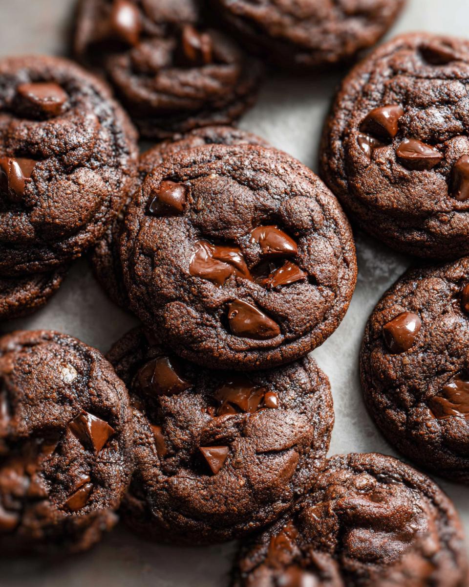 A close-up overhead view of several rich, dark Double Chocolate Chunk Chocolate Chip Cookies scattered on a light surface.