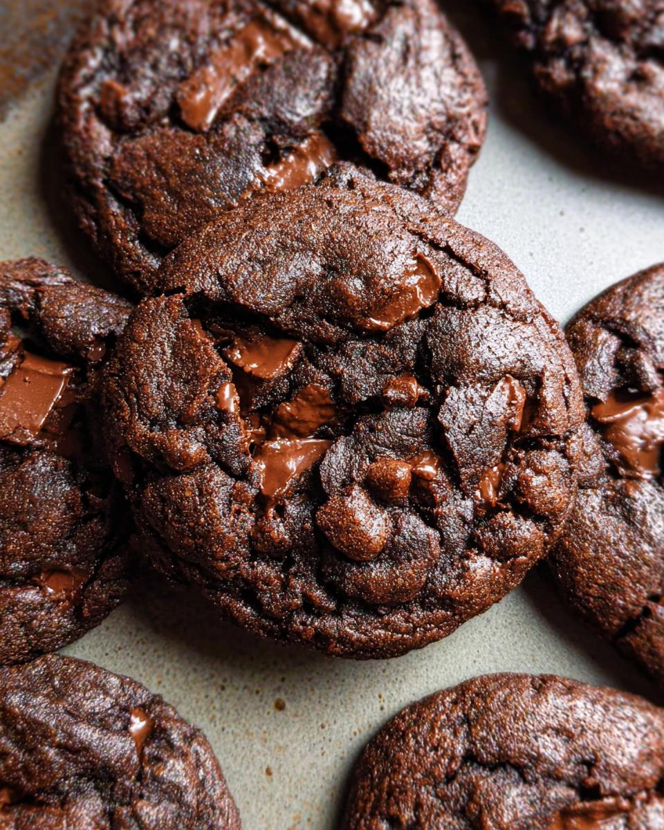 Close-up of several rich, dark Double Chocolate Chunk Chocolate Chip Cookies with melted chocolate chunks.