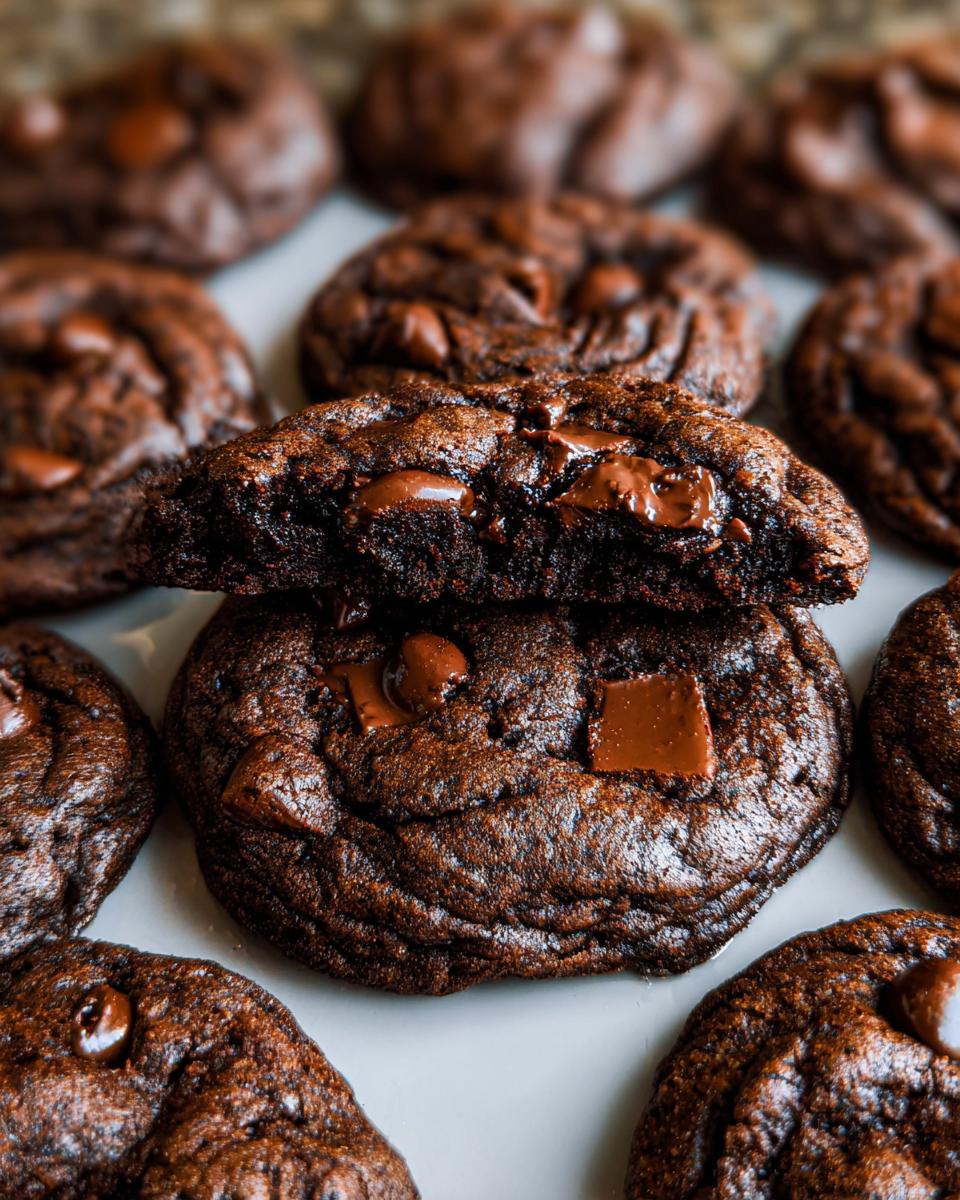 A close-up of a fudgy Double Chocolate Chunk Chocolate Chip Cookie broken in half, showing melted chocolate chunks inside.