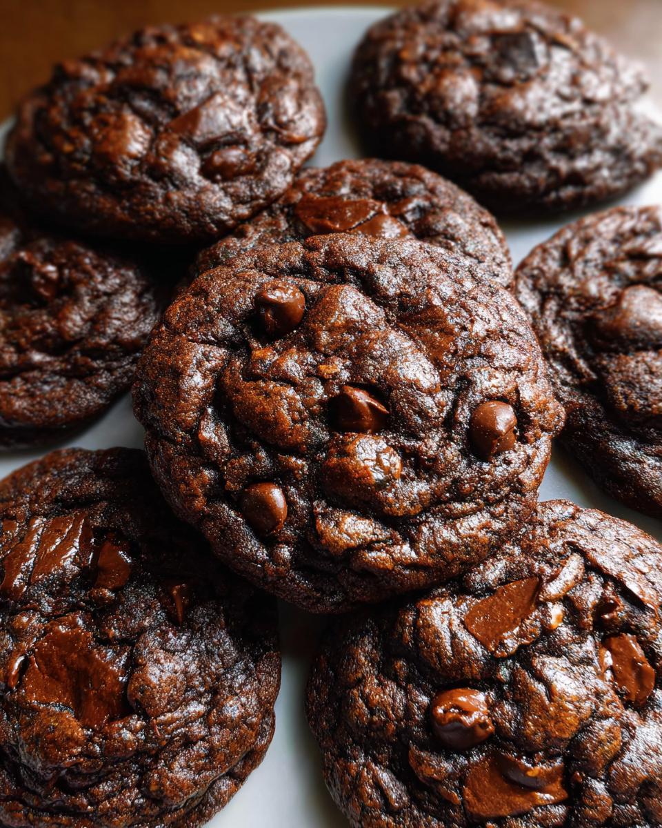 A close-up pile of rich, dark Double Chocolate Chunk Chocolate Chip Cookies with melted chocolate visible.