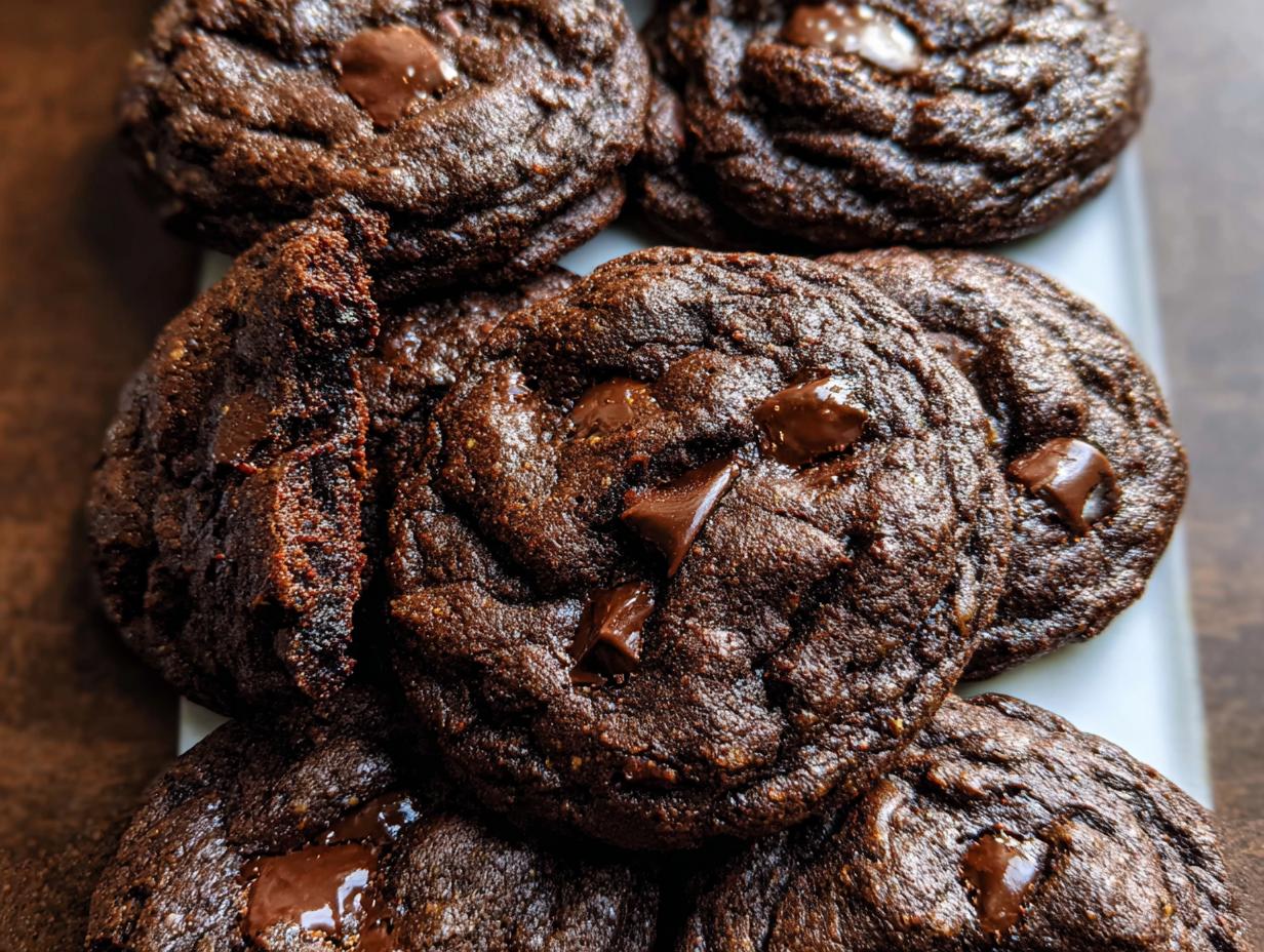 A close-up stack of rich, dark Double Chocolate Chunk Chocolate Chip Cookies with melted chocolate chunks.