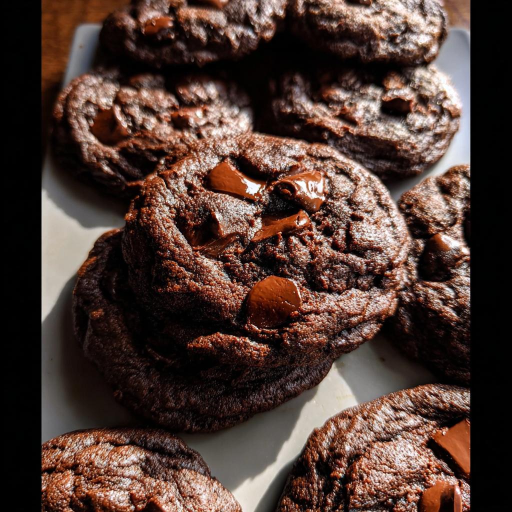 A close-up of several rich, dark Double Chocolate Chunk Chocolate Chip Cookies piled on a light surface.