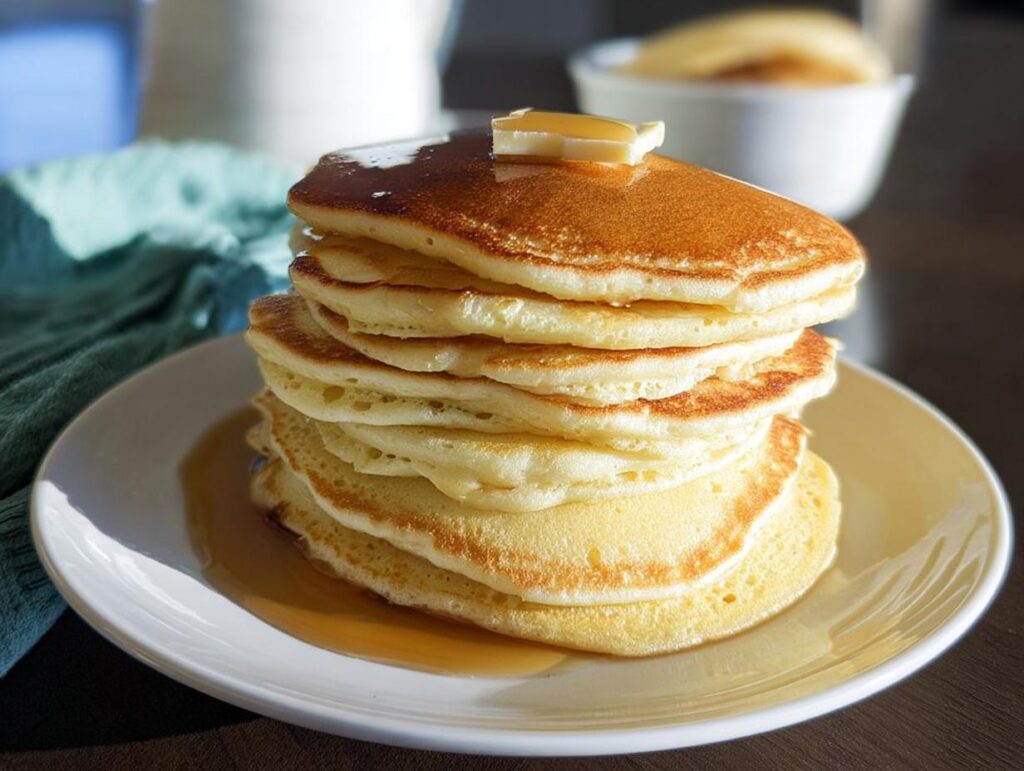 A tall stack of fluffy Easy 3 Ingredient Pancakes topped with melting butter and syrup.