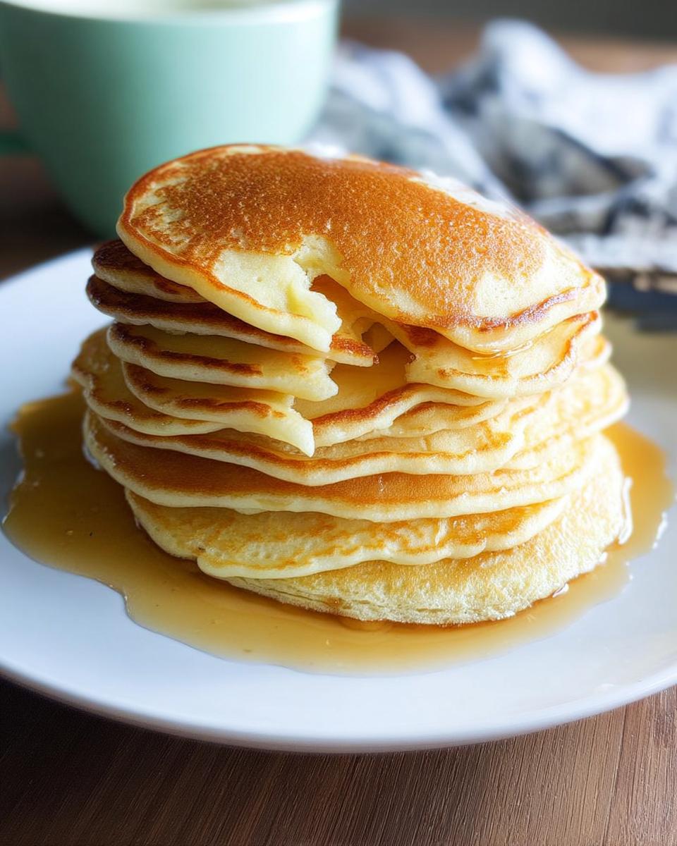 A tall stack of golden brown Easy 3 Ingredient Pancakes drizzled generously with maple syrup on a white plate.