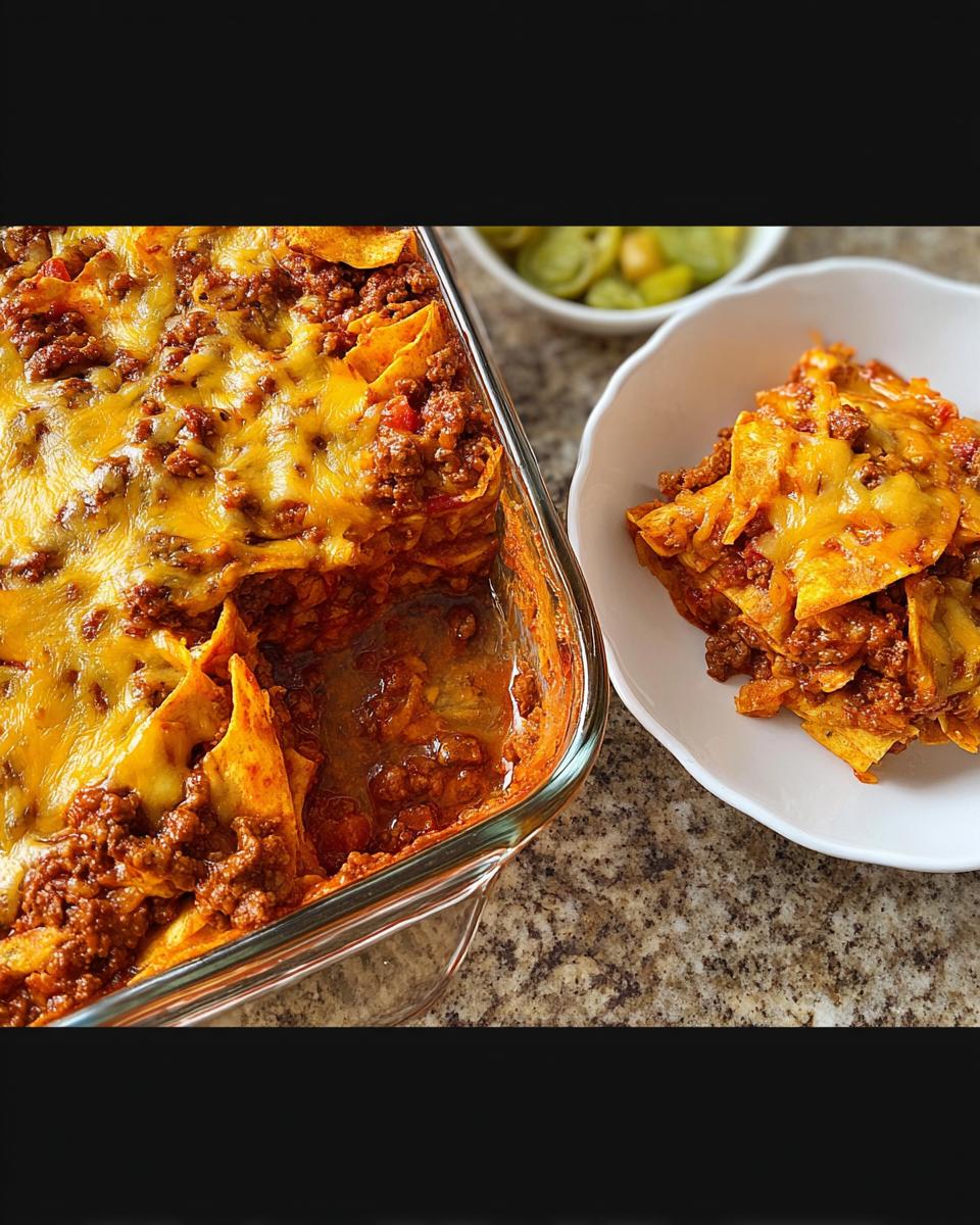 A glass baking dish filled with Easy Beef Taco Casserole topped with melted cheddar cheese, next to a serving on a white plate.