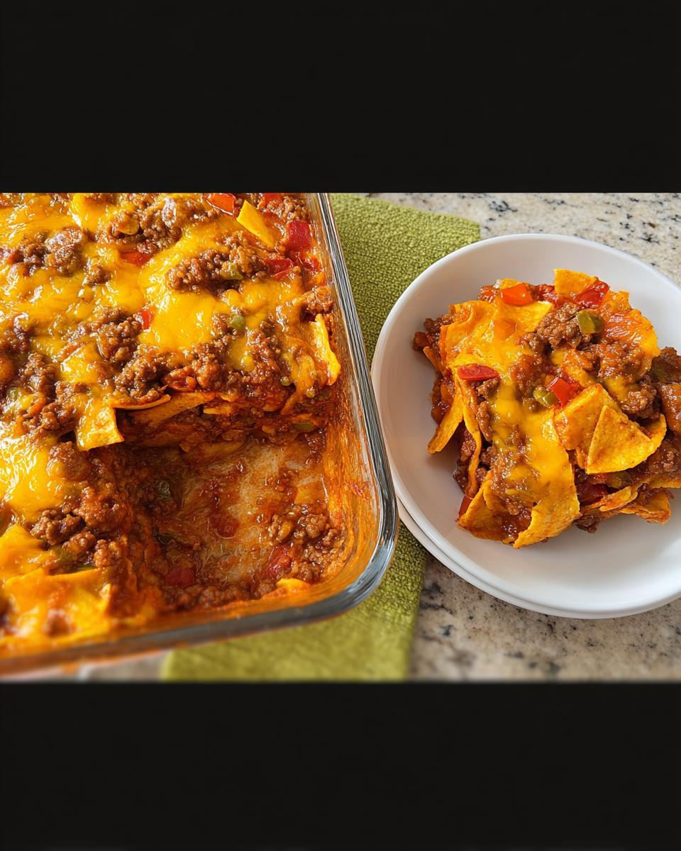 A close-up of the Easy Beef Taco Casserole, showing melted cheese over seasoned ground beef and tortilla chips in a glass dish next to a serving on a white plate.