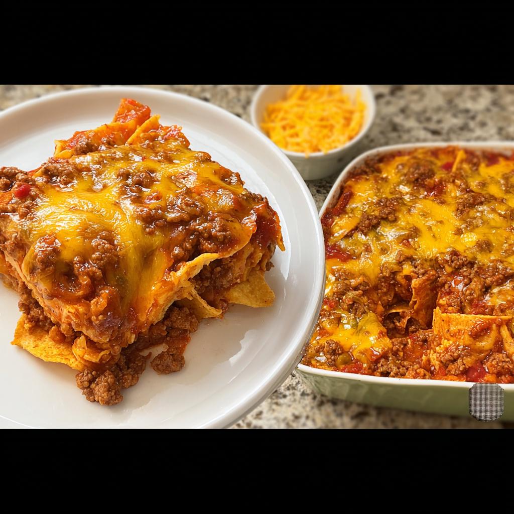 A serving of Easy Beef Taco Casserole topped with melted cheese sits next to the baking dish.