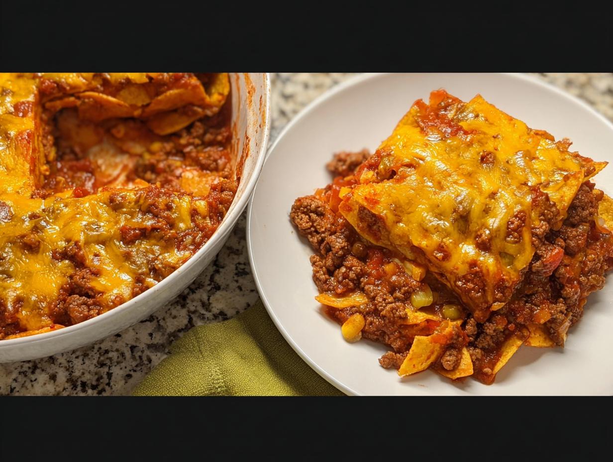 A serving of Easy Beef Taco Casserole with layers of seasoned ground beef, corn, and tortilla chips, topped with melted cheddar cheese.