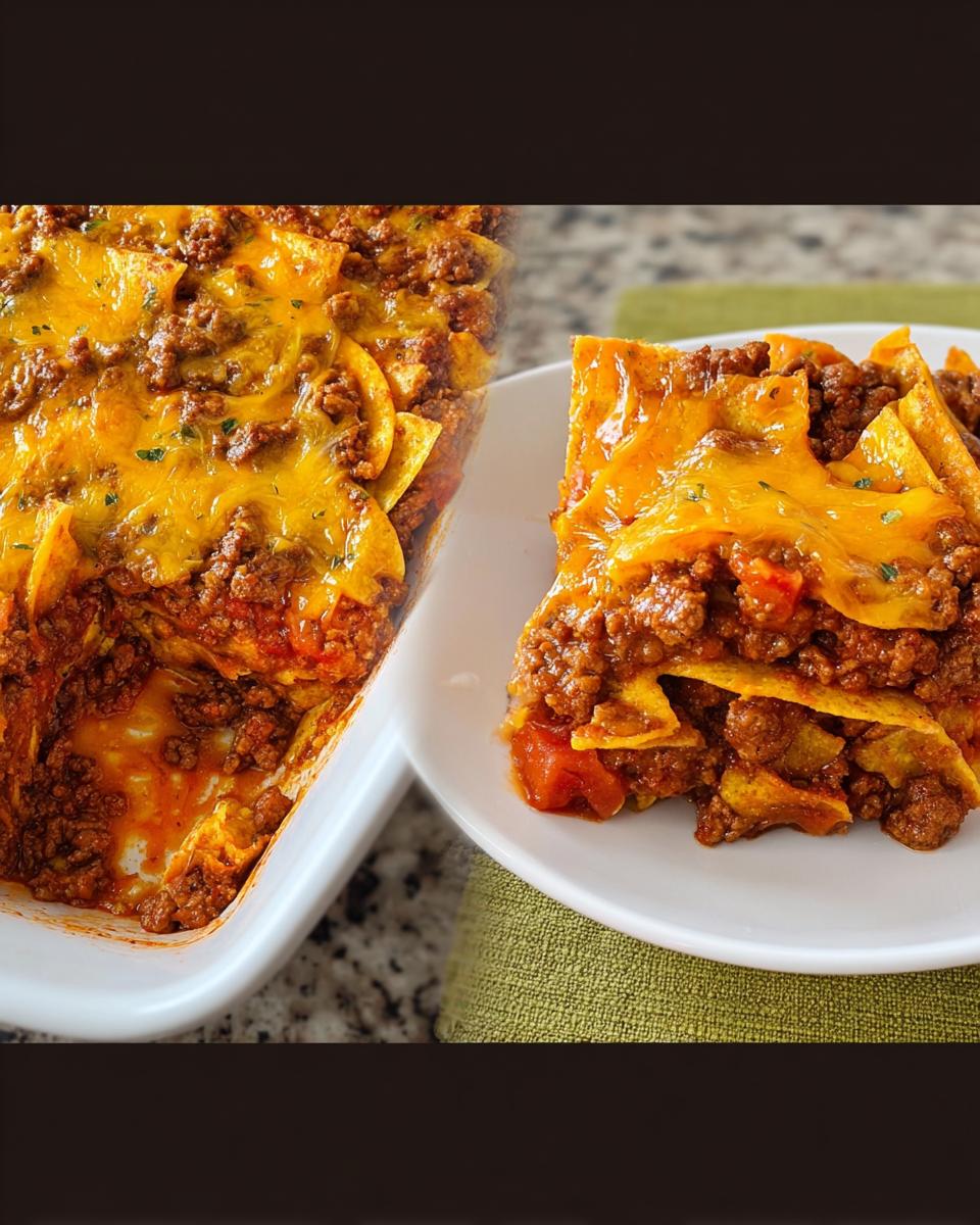 A slice of Easy Beef Taco Casserole served on a white plate next to the baking dish, topped with melted cheddar cheese.