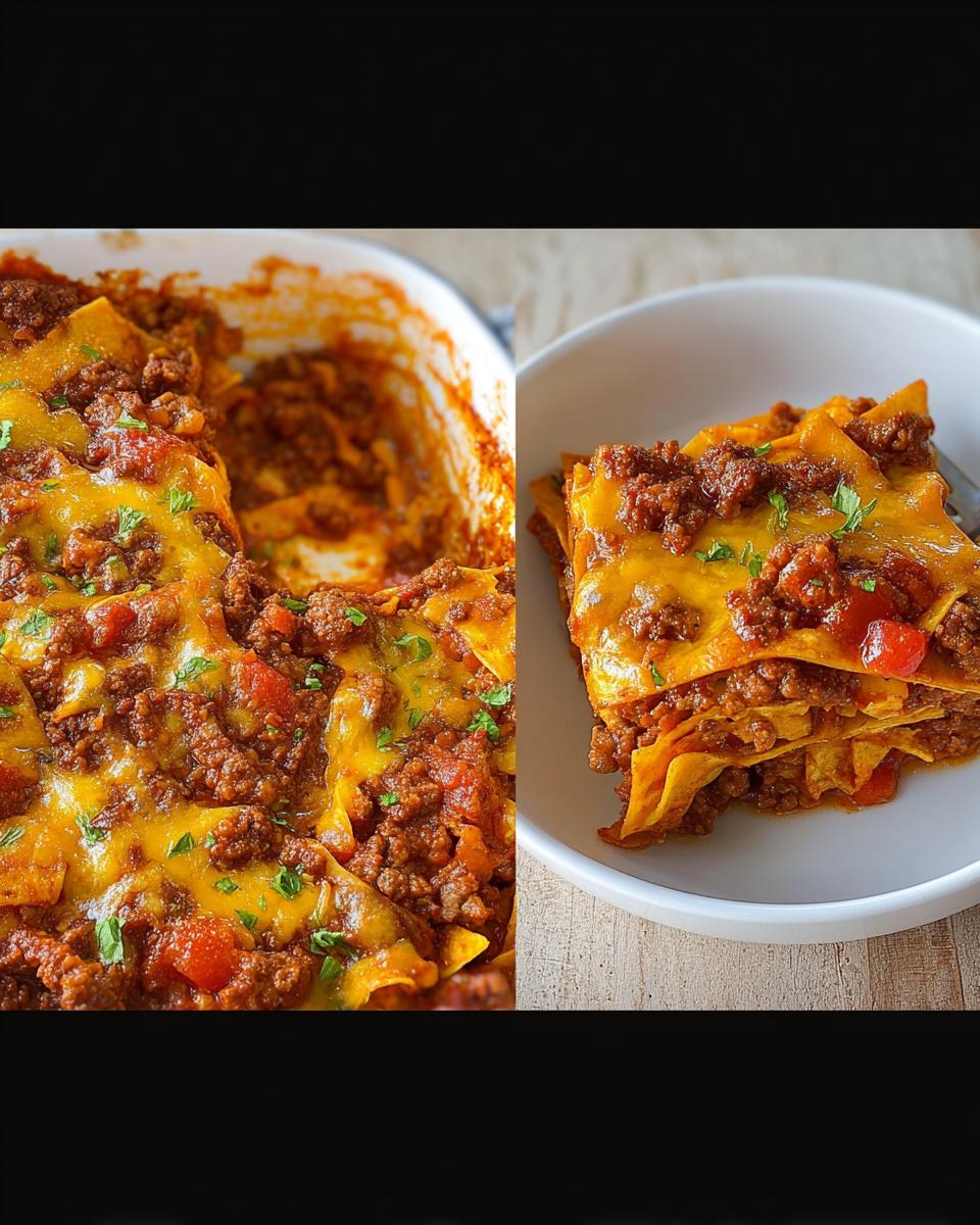 Split image showing a baked Easy Beef Taco Casserole in a dish and a single serving slice on a plate.