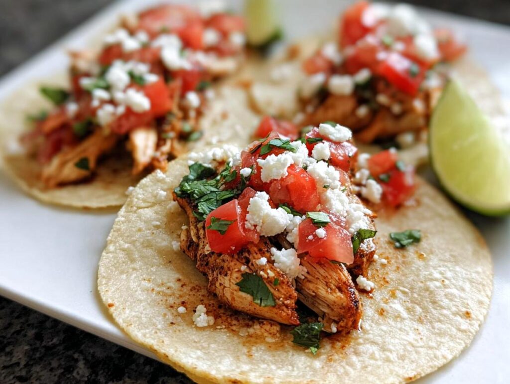 Close-up of two Easy Chicken Street Tacos topped with seasoned chicken, diced tomatoes, cotija cheese, and cilantro, served with a lime wedge.