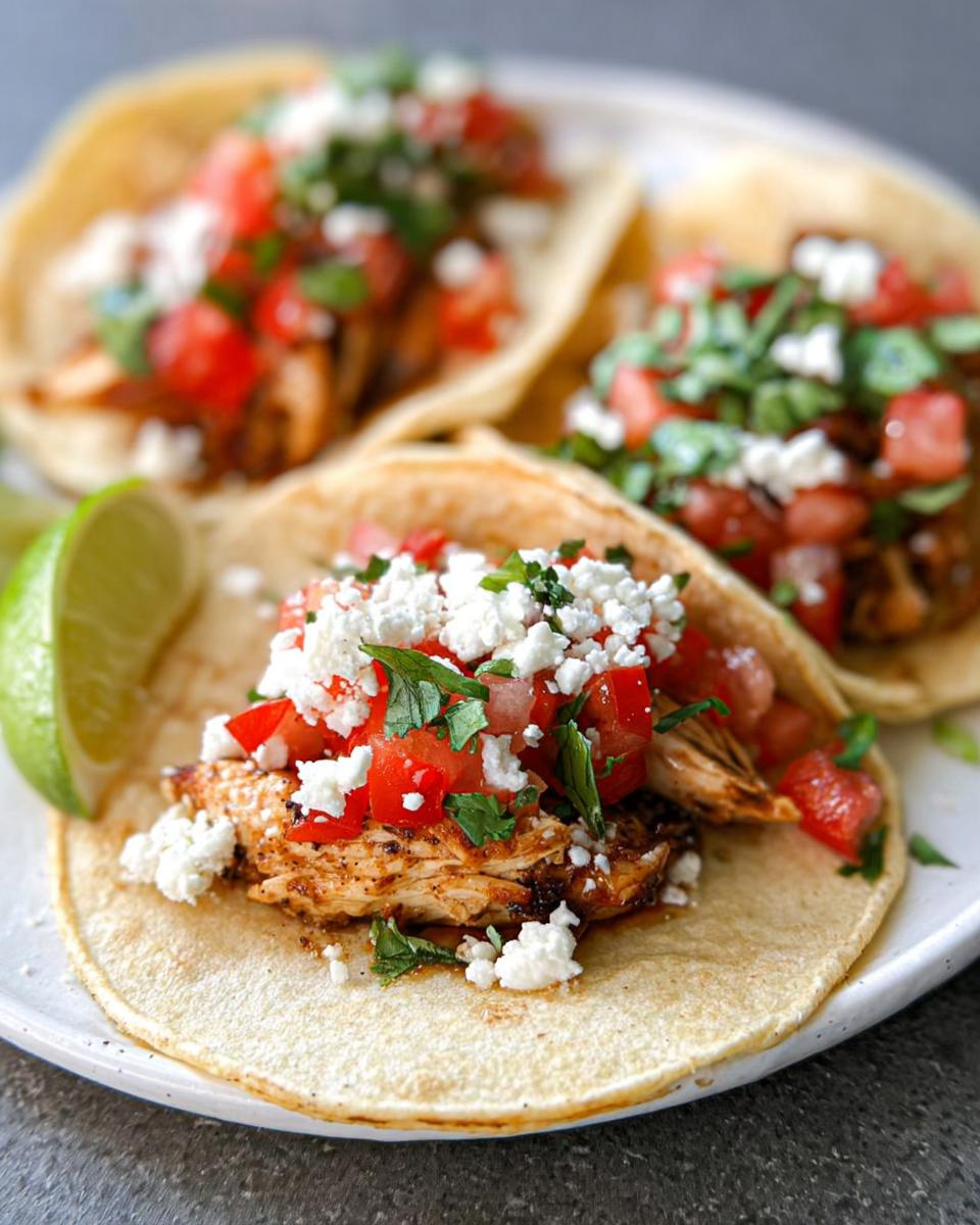 Three Easy Chicken Street Tacos topped with seasoned chicken, diced tomatoes, cilantro, and crumbled white cheese.