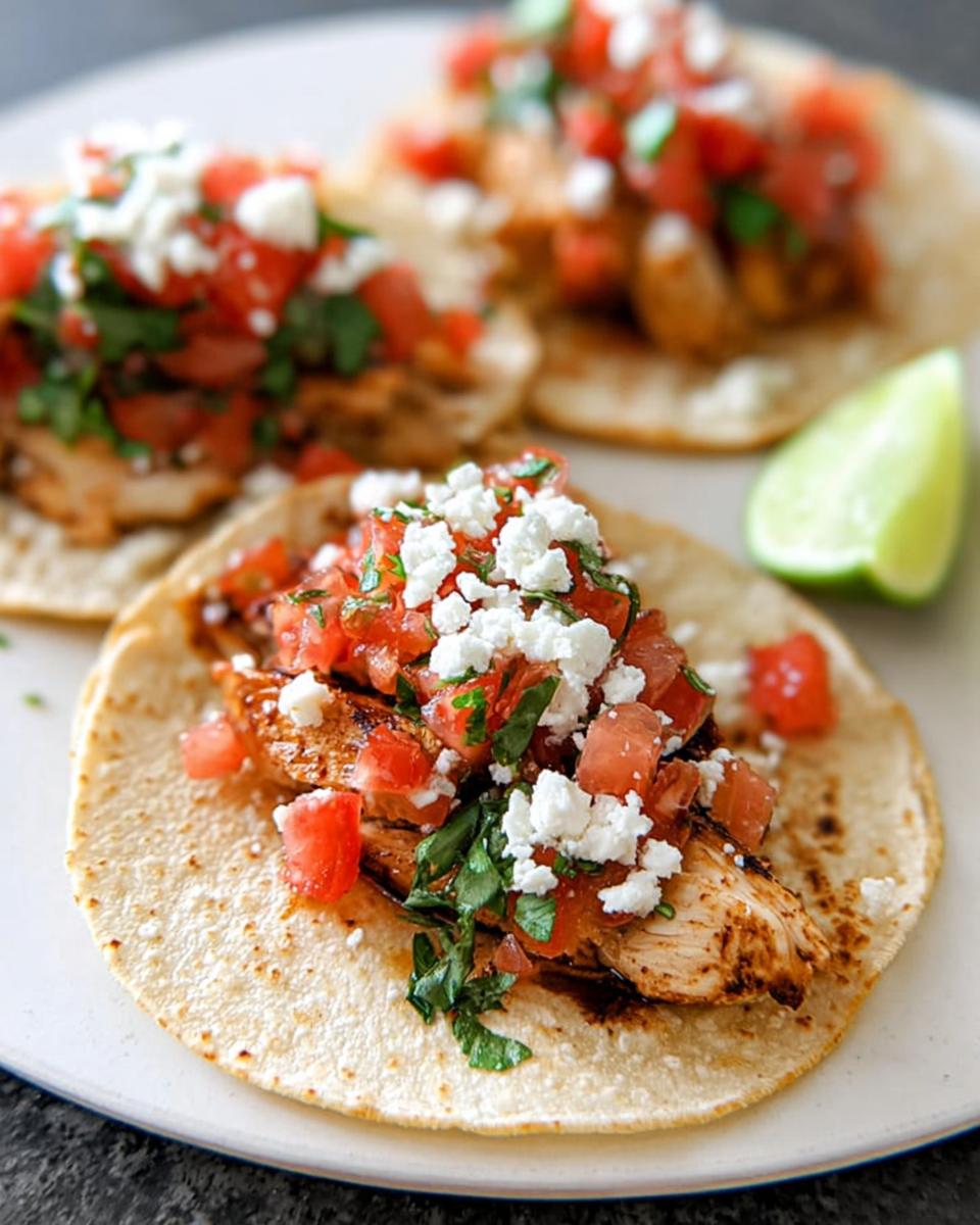 Close-up of one of the Easy Chicken Street Tacos topped with crumbled white cheese and fresh pico de gallo.