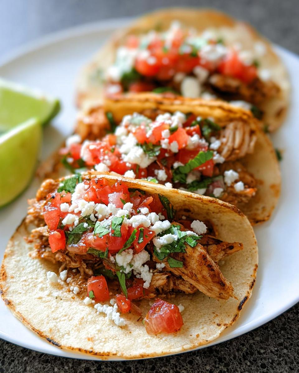 Three Easy Chicken Street Tacos filled with shredded chicken, pico de gallo, and cotija cheese, served with lime wedges.