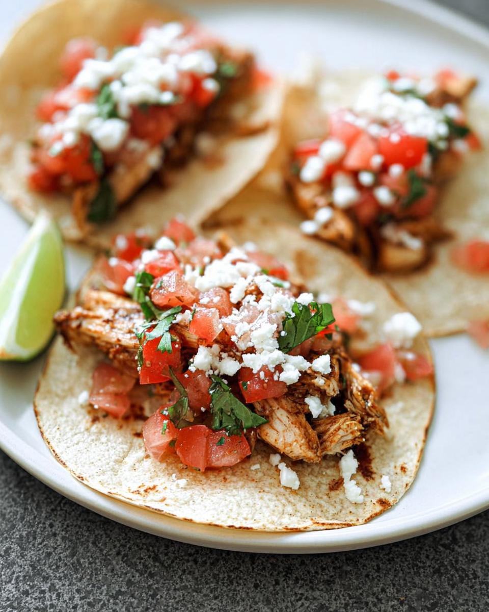 Three Easy Chicken Street Tacos topped with diced tomatoes, cilantro, and crumbled white cheese, served with a lime wedge.