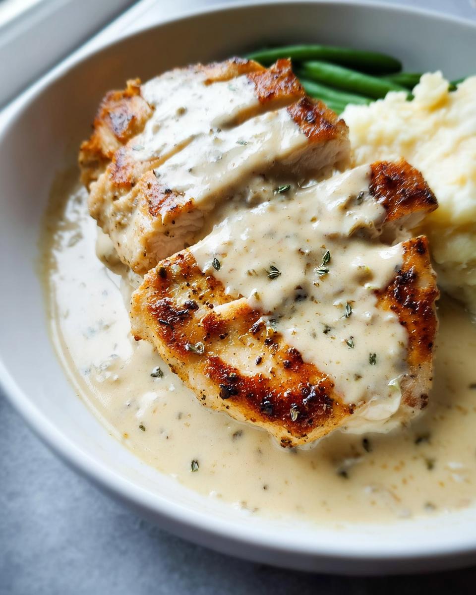 Close-up of seared chicken breast sliced and covered in creamy ranch sauce, served with mashed potatoes and green beans.