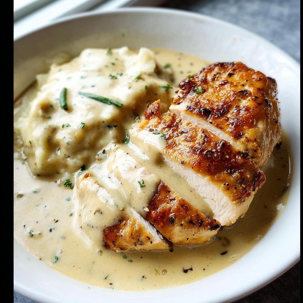 A sliced, pan-seared chicken breast covered in creamy sauce next to mashed potatoes, representing Easy Creamy Ranch Chicken.