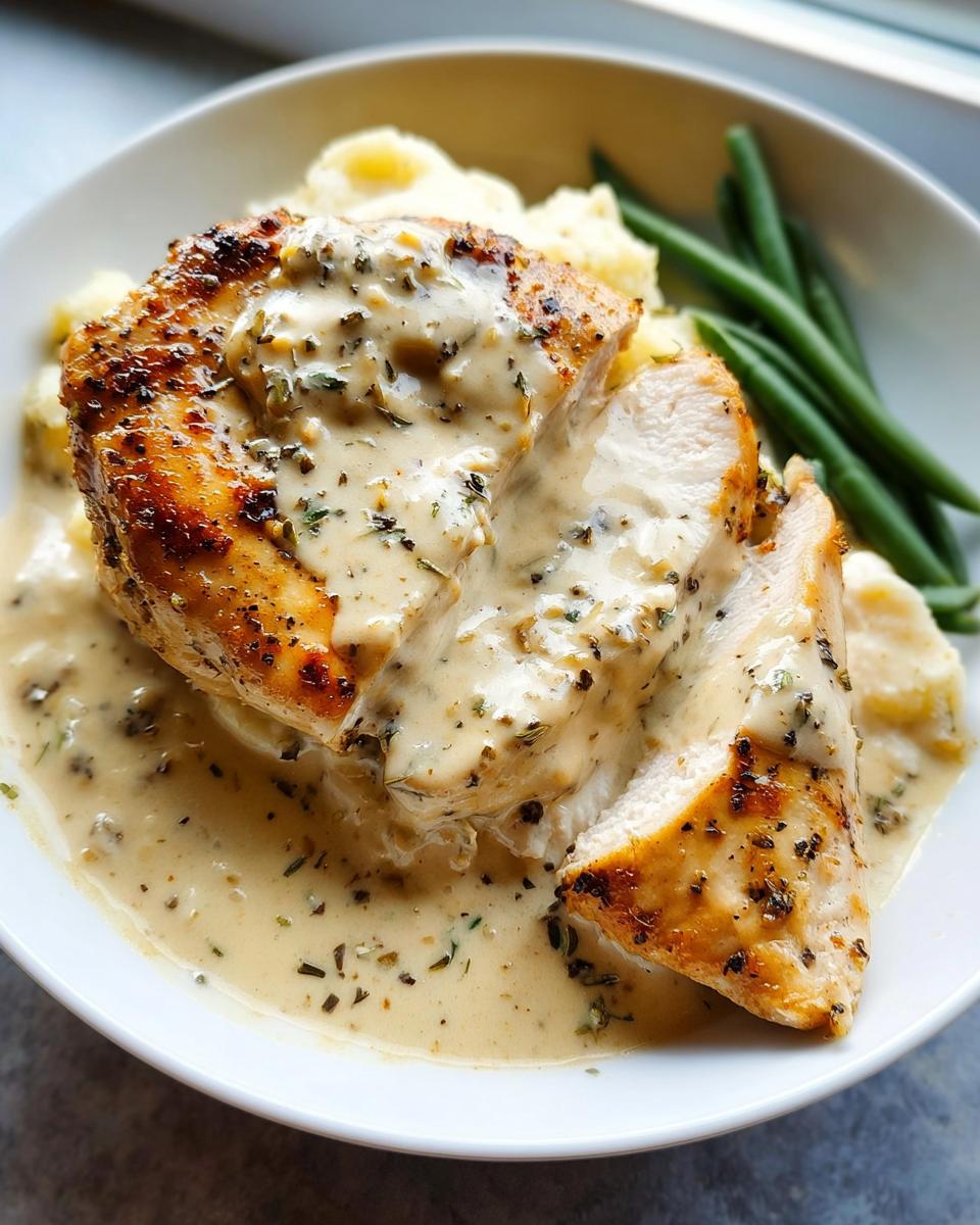 A sliced, pan-seared chicken breast covered in creamy ranch sauce, served over mashed potatoes with green beans. Easy Creamy Ranch Chicken.