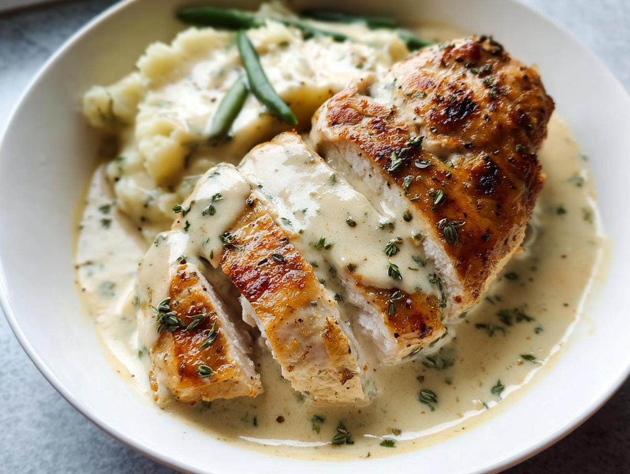 Close-up of sliced Easy Creamy Ranch Chicken breast covered in creamy sauce, served with mashed potatoes and green beans.