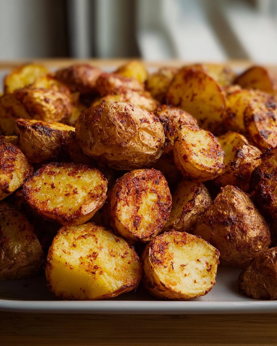 Close-up of golden brown, crispy Easy Crispy Parmesan Roasted Red Potatoes Side Dish piled high on a white platter.