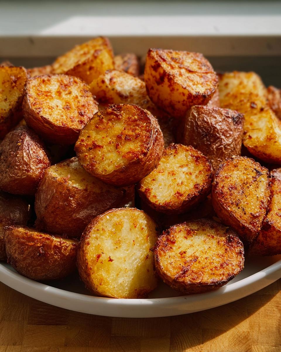 A close-up of perfectly roasted red potatoes, golden brown and crispy with visible Parmesan seasoning.