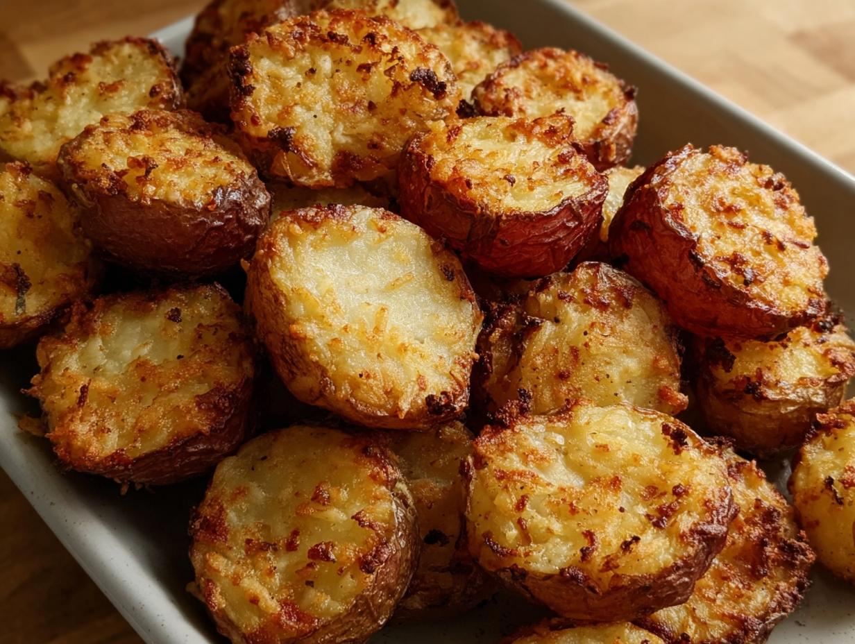 Close-up of perfectly roasted red potatoes, featuring a crispy, golden Parmesan crust.