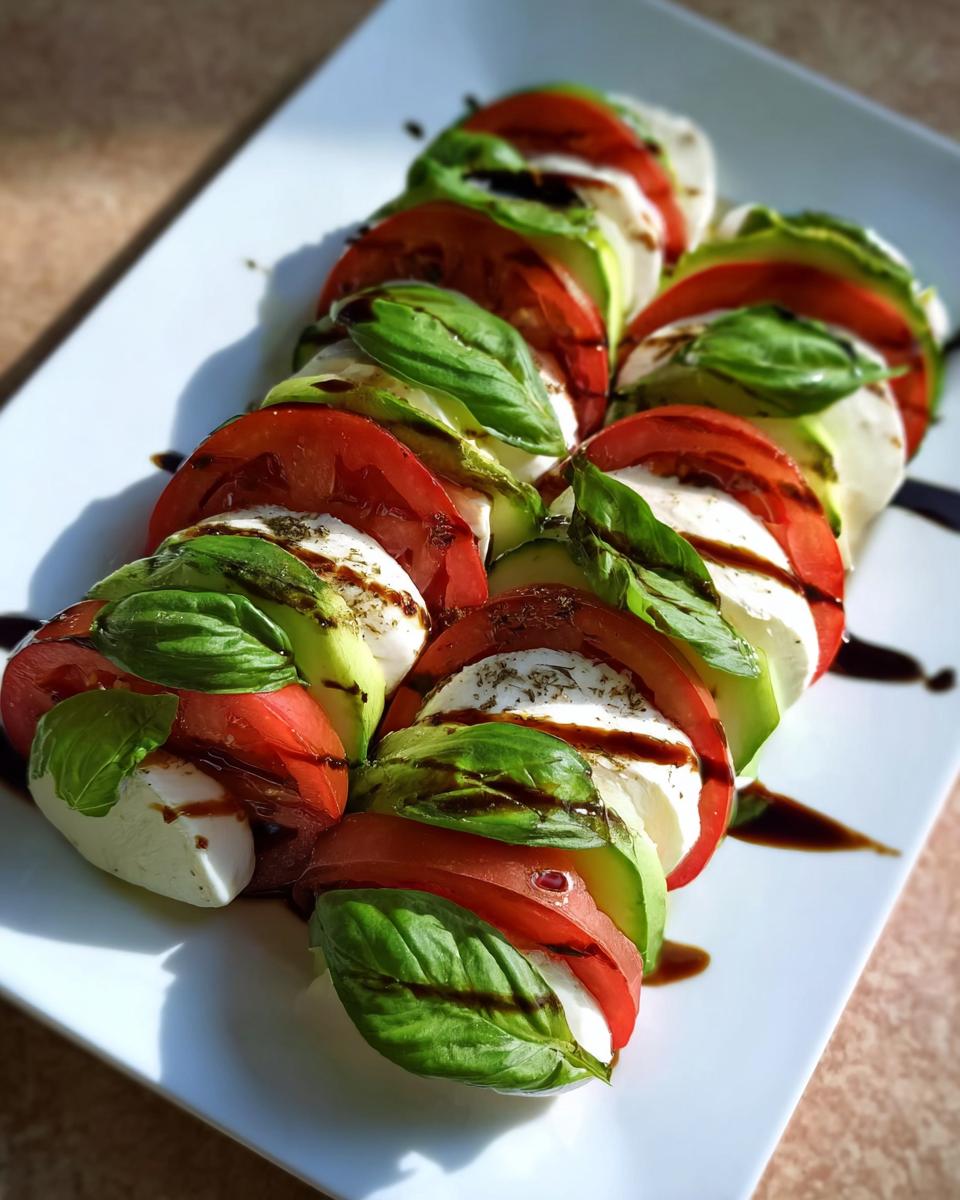 Arrangement of sliced tomatoes, mozzarella, cucumber, and basil drizzled with balsamic for an Easy Cucumber Caprese Salad.