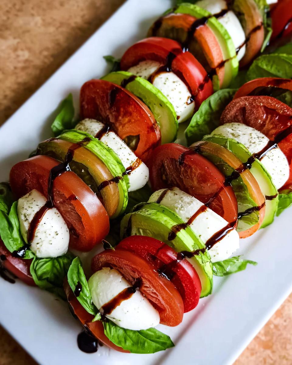 Alternating slices of tomato, cucumber, and mozzarella cheese arranged on a platter for an Easy Cucumber Caprese Salad.