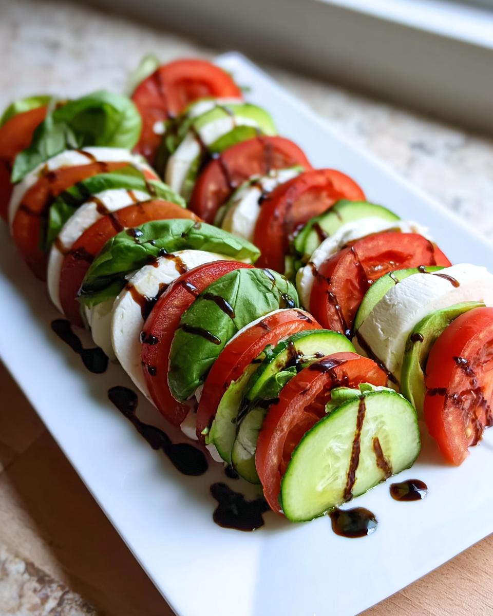 Slices of Easy Cucumber Caprese Salad featuring tomato, mozzarella, basil, and cucumber drizzled with balsamic glaze.