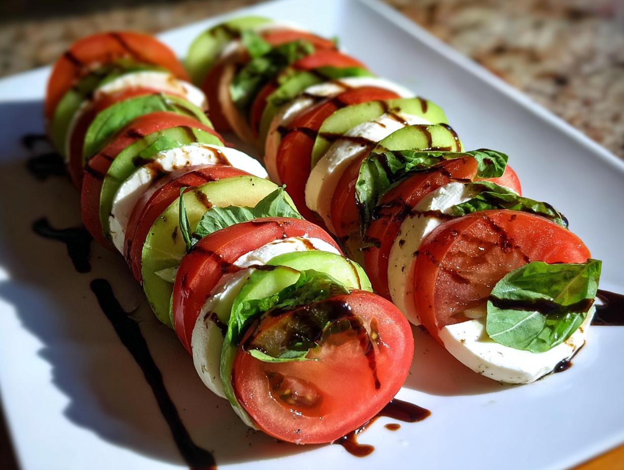 Two rows of Easy Cucumber Caprese Salad slices featuring tomato, mozzarella, cucumber, and basil, drizzled with balsamic glaze.