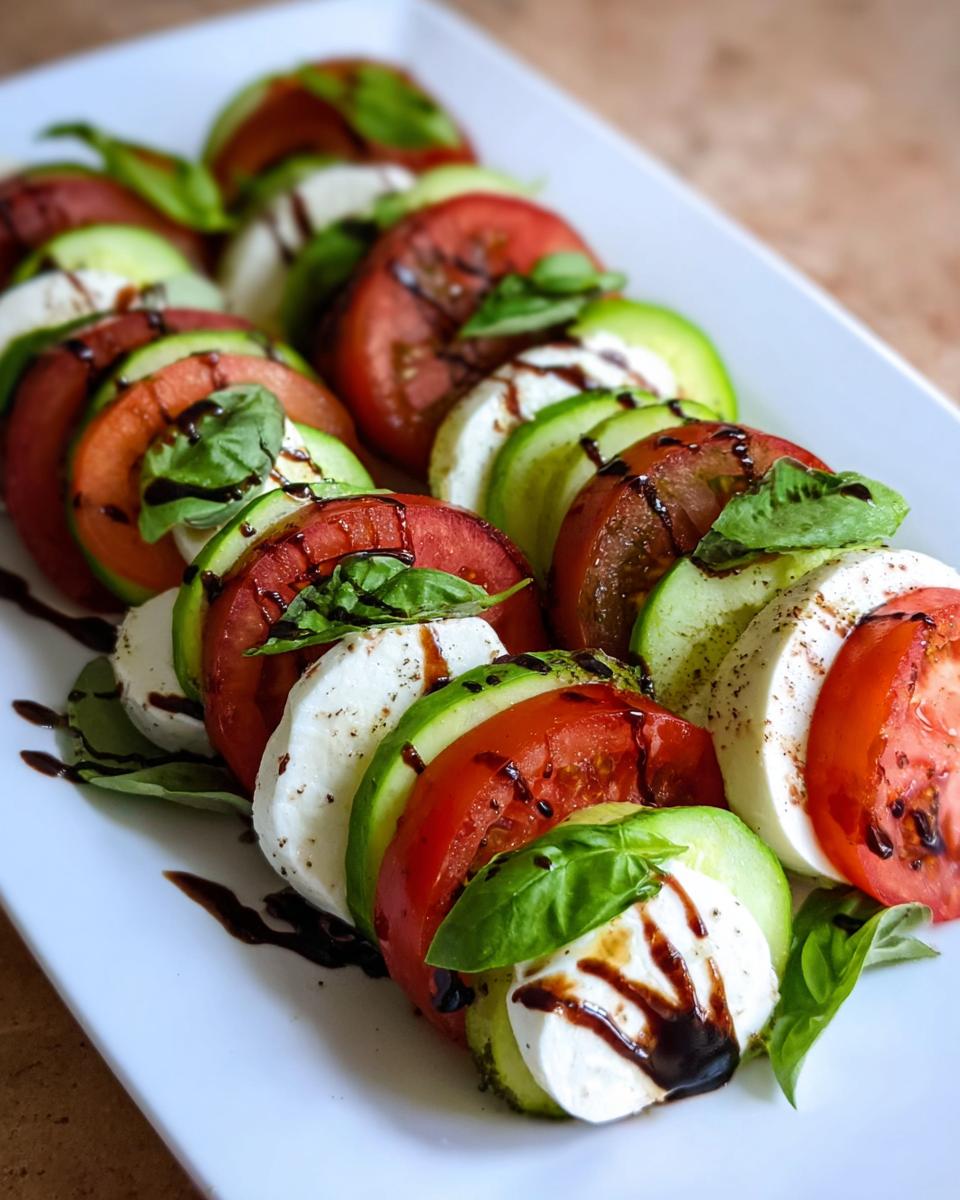 Arrangement of sliced tomatoes, mozzarella, and cucumber in an Easy Cucumber Caprese Salad, drizzled with balsamic glaze.