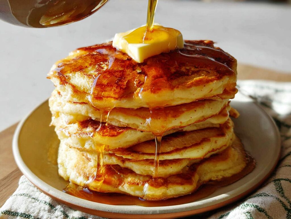 A tall stack of Easy Homemade Pancakes with Butter and Syrup being drizzled on top.