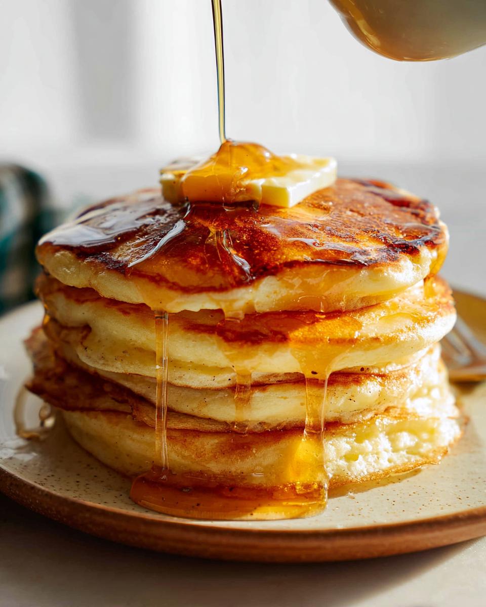 A tall stack of Easy Homemade Pancakes with butter melting on top as syrup is poured over them.