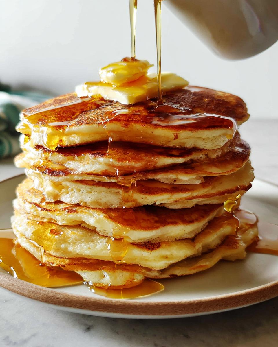 Close-up of a tall stack of Easy Homemade Pancakes with butter melting on top as syrup is poured over them.