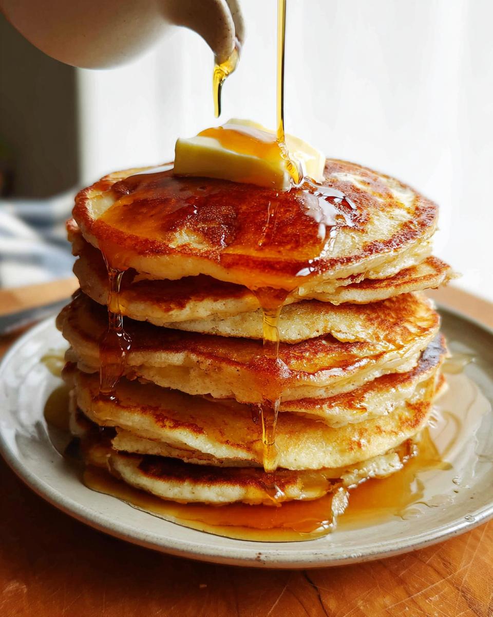A tall stack of Easy Homemade Pancakes with Butter and Syrup being poured over the top.