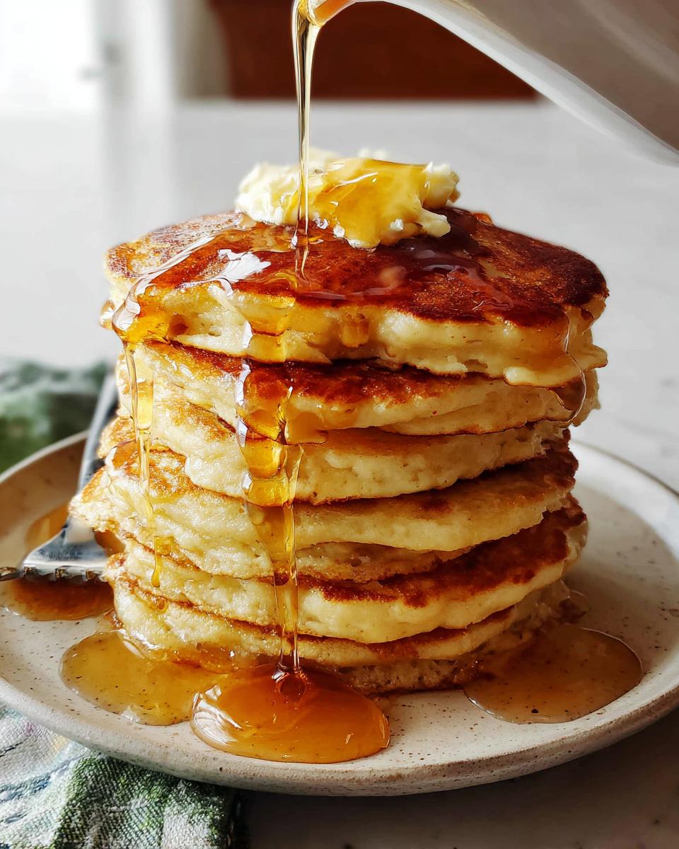 Close-up of a tall stack of Easy Homemade Pancakes with butter melting and syrup pouring over the top.