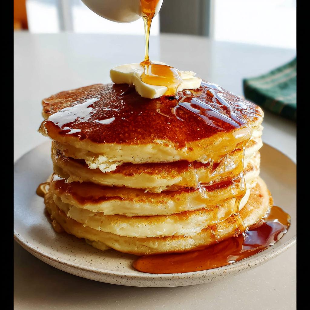A tall stack of fluffy Easy Homemade Pancakes with butter melting on top as syrup is poured over them.